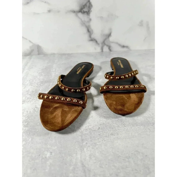 YSL Kiki Brown Suede Gold Studded Sandal Size 10 - Picture 1 of 5